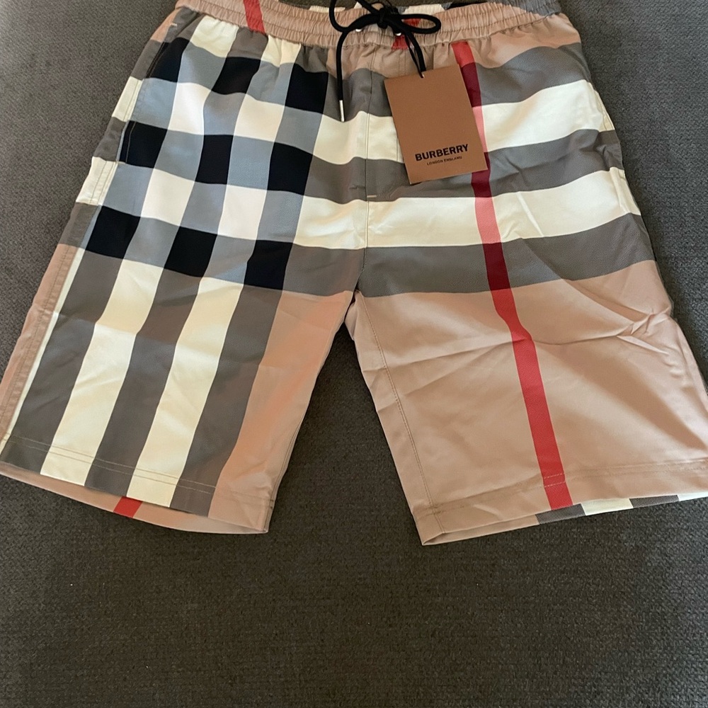 Burberry Men's Check Swim Shorts - Black, Red, and Tan